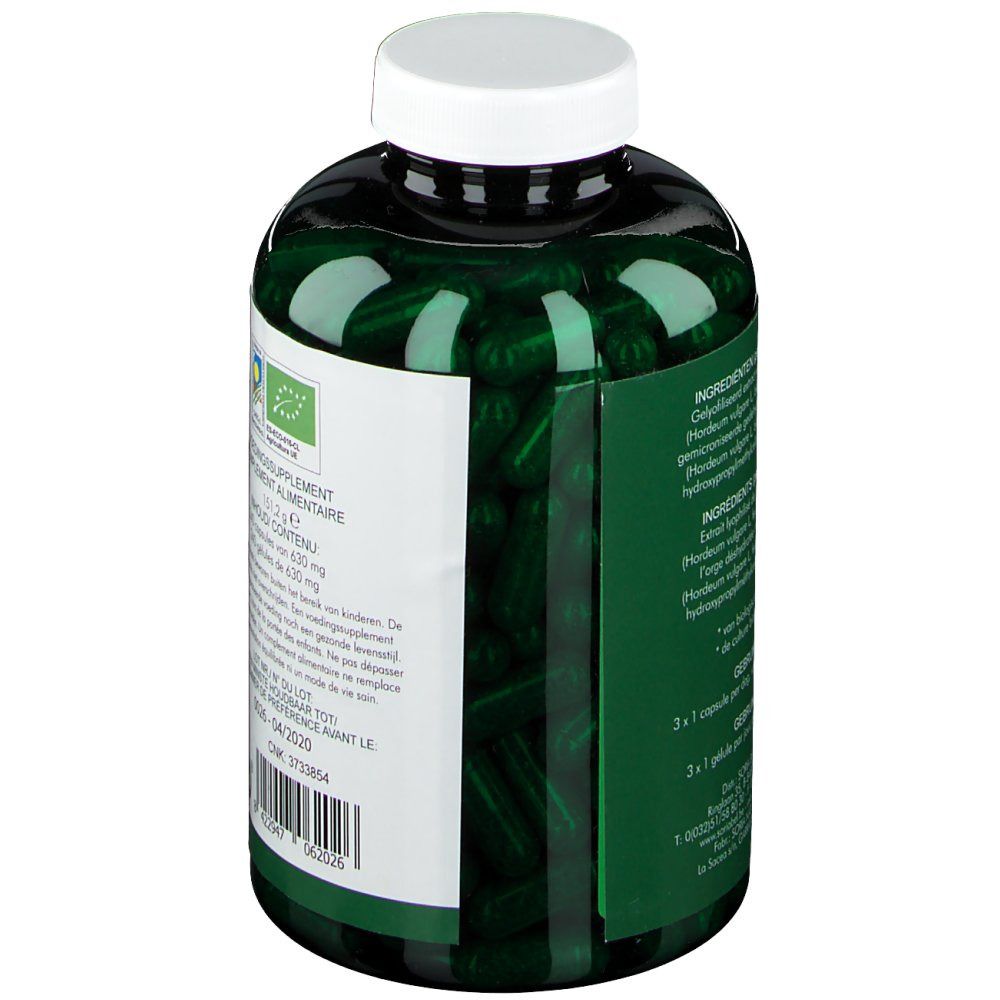 Gélules vertes dans un flacon vert. Inscription: ingrédients, valeurs nutritionnelles. Label Bio.