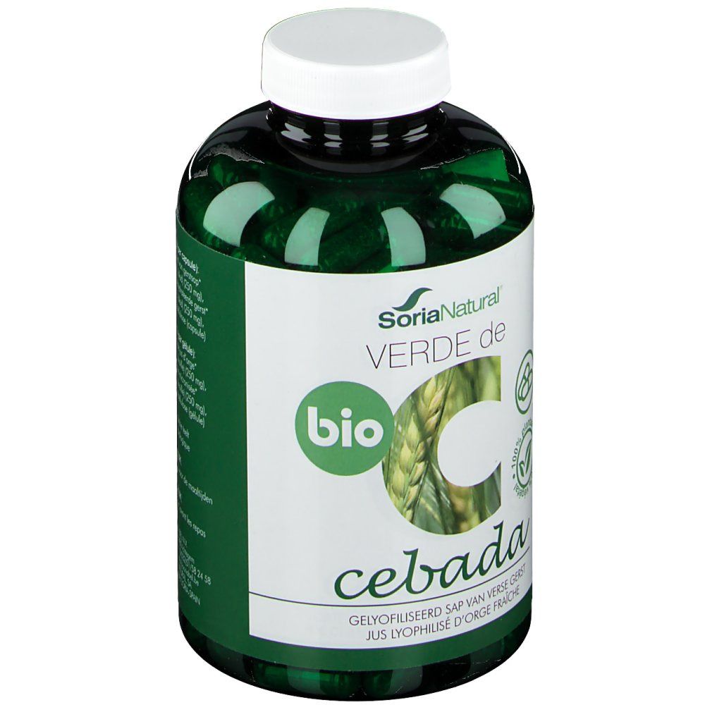 Flacon vert avec bouchon blanc. Inscription: SoriaNatural, Verde de Cebada, label Bio. Contient du jus d'orge.
