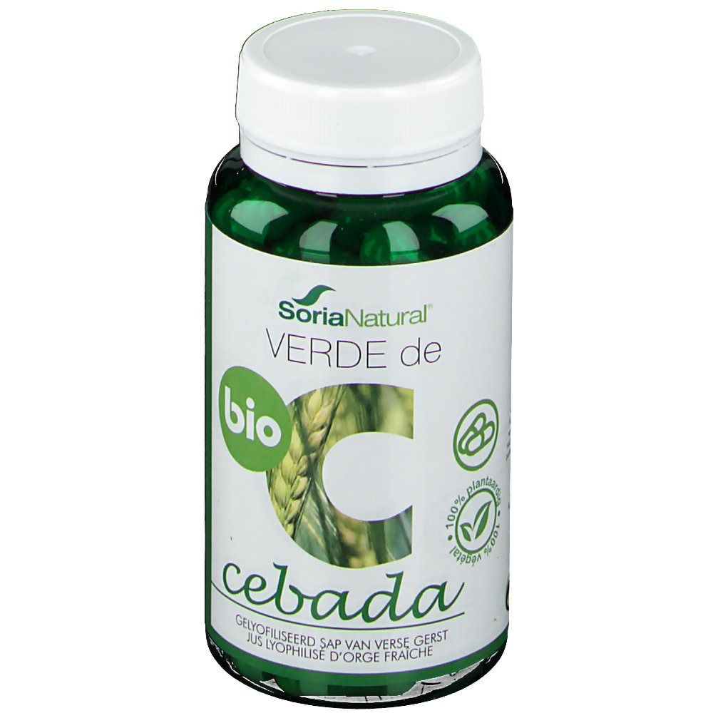 Flacon de gélules vertes avec bouchon blanc. Inscription: SoriaNatural, Verde de Cebada, label Bio.