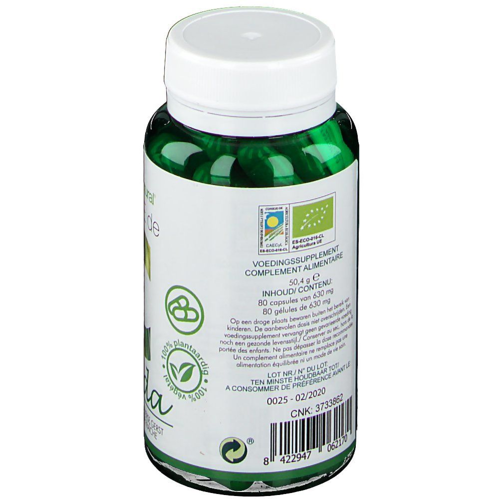 Dos du flacon de gélules vertes. Inscriptions: label Bio, informations nutritionnelles, date de péremption.