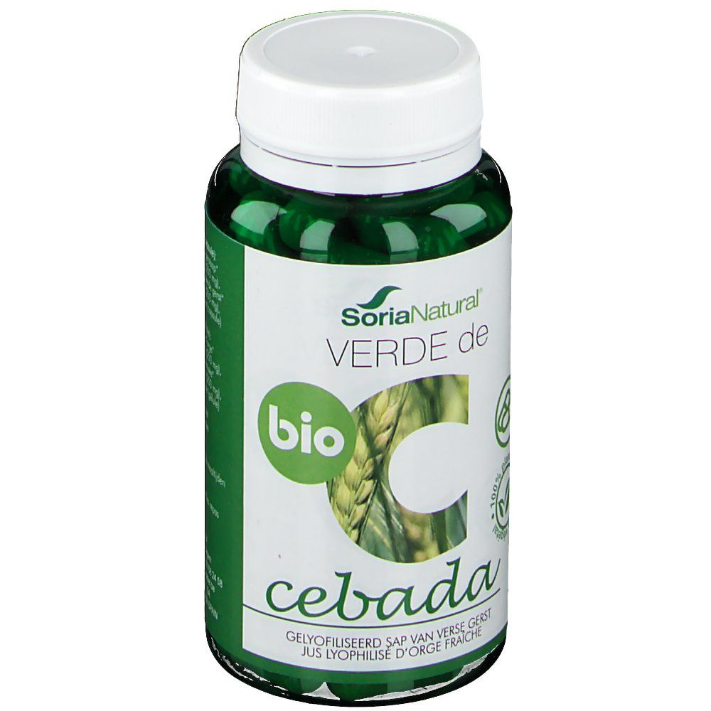 Flacon de gélules vertes avec bouchon blanc. Inscription: SoriaNatural, Verde de Cebada, label Bio.