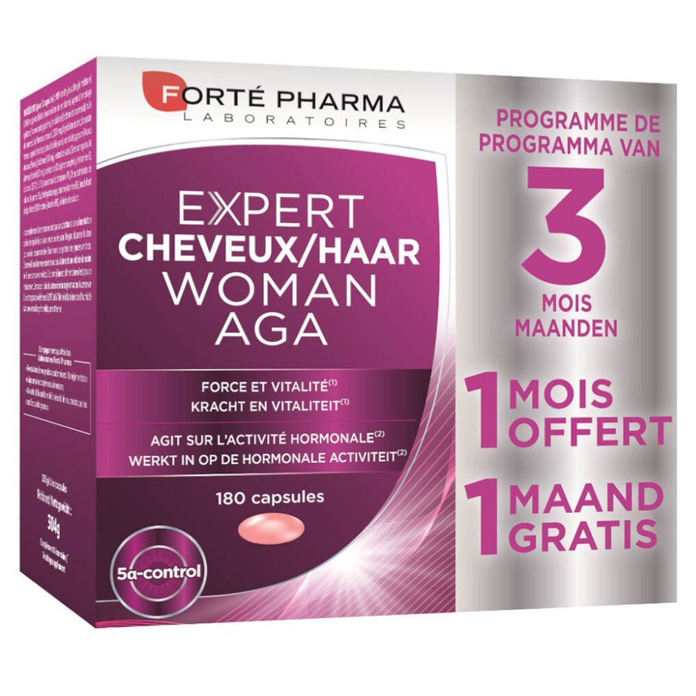 Boîte de FORTÈ PHARMA Haar Woman AGA. Contient 180 capsules. 1 mois offert. Inscription : Expert Cheveux/Haar Woman AGA.