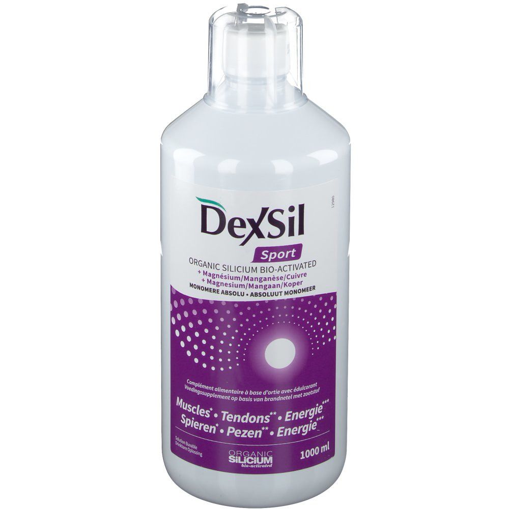 Bouteille blanche DexSil Sport avec étiquette violette. Contient silicium organique, magnésium, manganèse et calcium. 1000 ml.