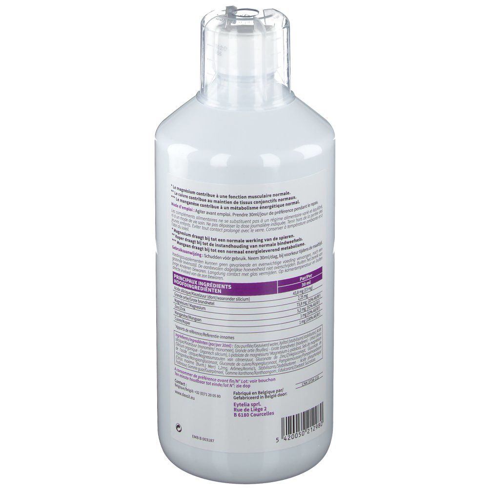 Dos de la bouteille blanche DexSil Sport. Contient des informations sur les ingrédients et les valeurs nutritionnelles. Avec code-barres.