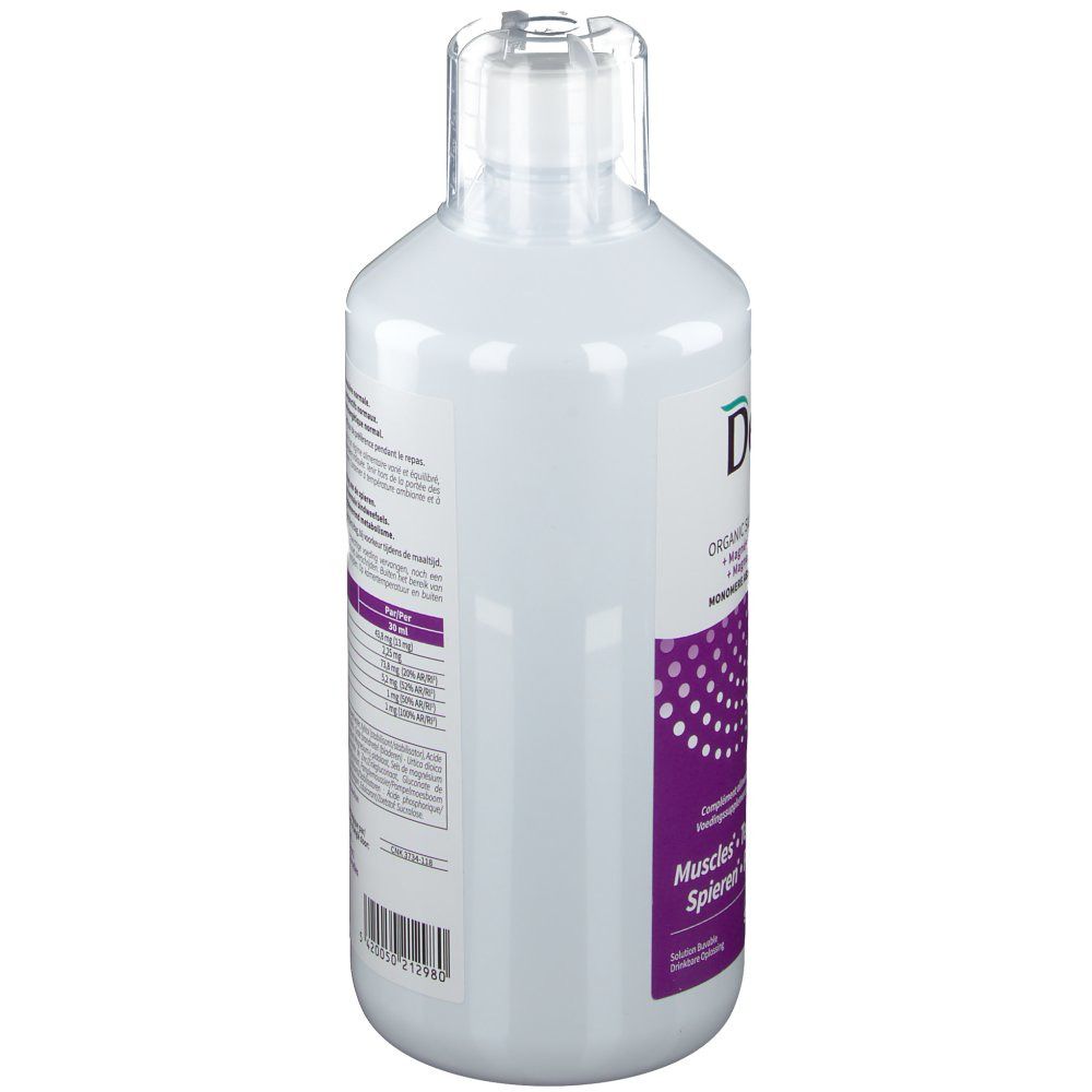 Vue latérale de la bouteille blanche DexSil Sport. Montre l'étiquette avec les informations sur les ingrédients et le code-barres.