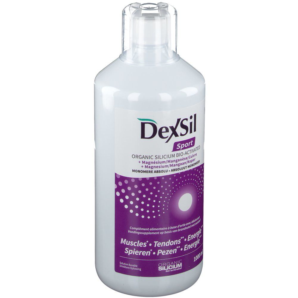 Bouteille blanche DexSil Sport avec étiquette violette. Contient silicium organique, magnésium, manganèse et calcium. 1000 ml.