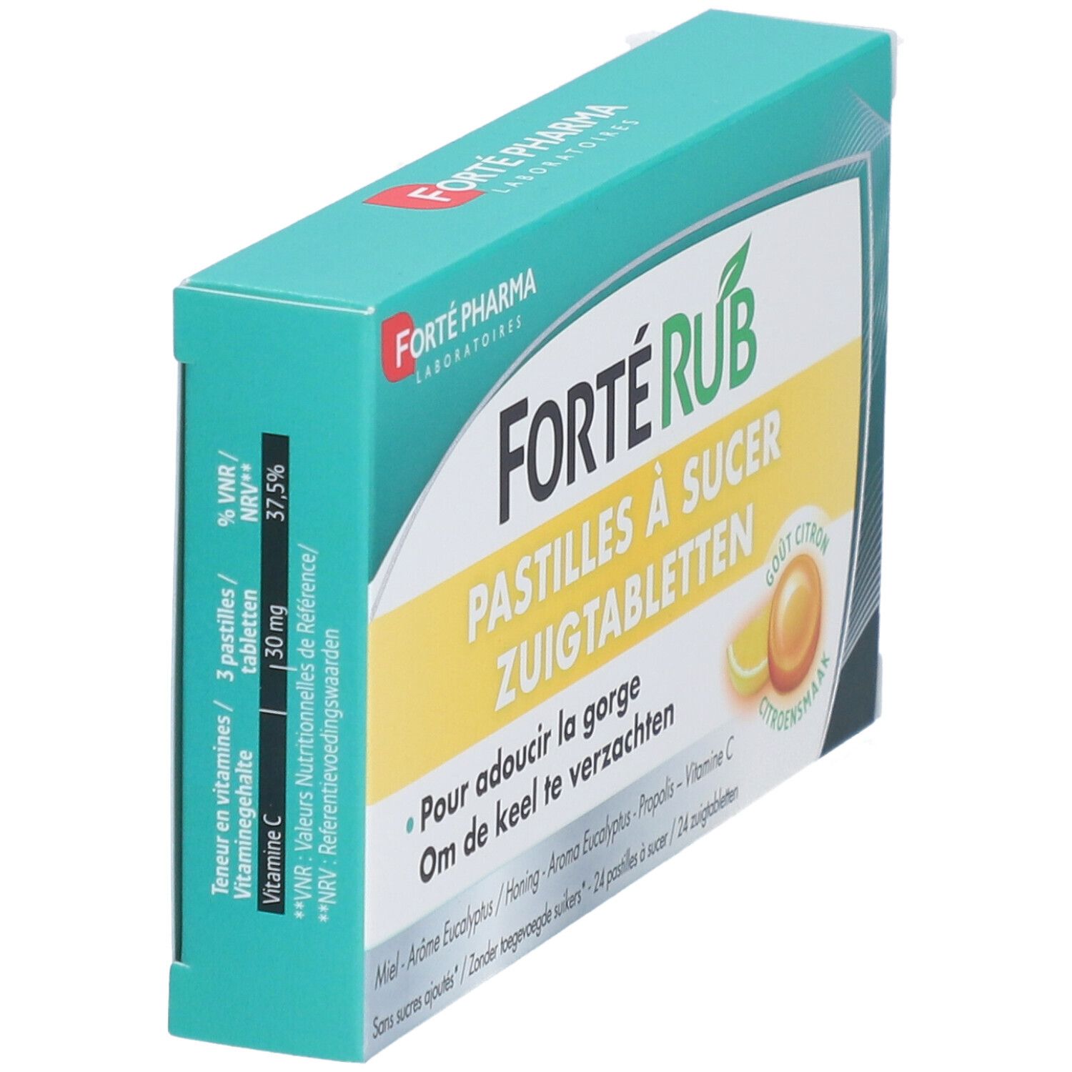 Schuin doosje Forté Rub Pastilles Citron. Groen-wit design. Naam en logo zichtbaar. Info over vitamine C.
