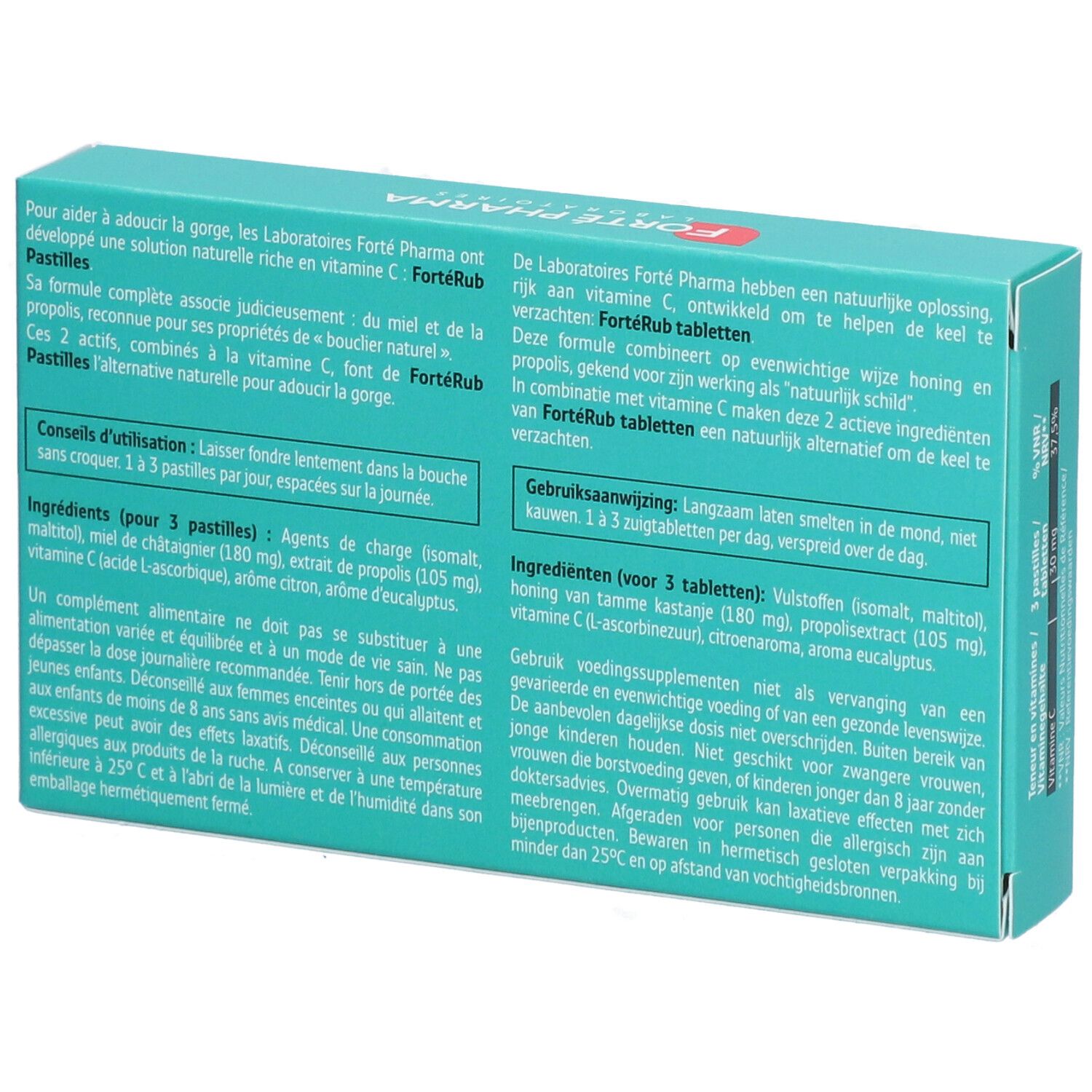Achterkant doosje Forté Rub Pastilles Citron. Meertalige tekst. Ingrediënten en gebruiksaanwijzing.