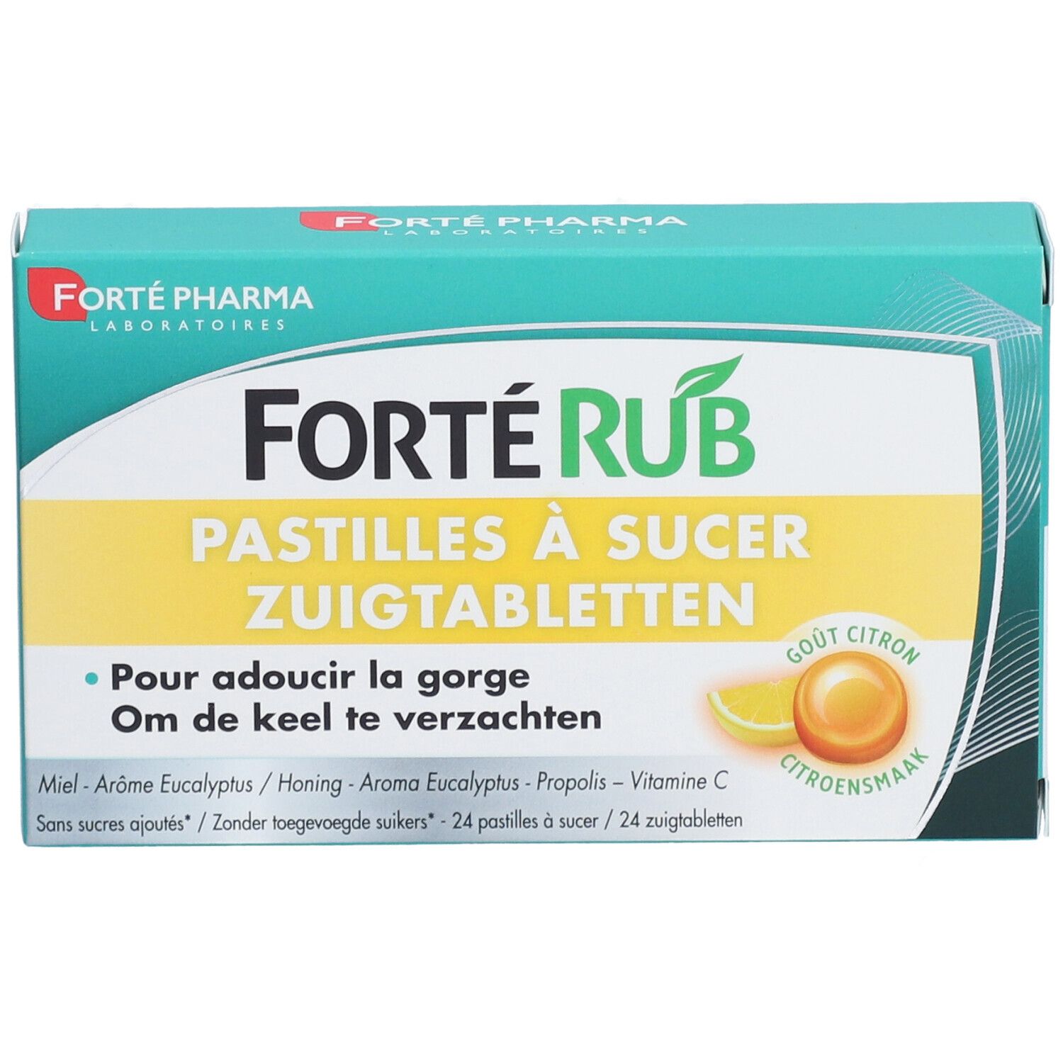 Doosje Forté Rub Pastilles Citron. Groen-wit design. Productnaam en logo zichtbaar. 24 zuigtabletten.