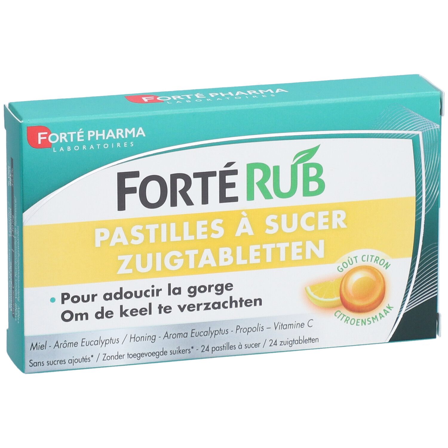 Doosje Forté Rub Pastilles Citron. Groen-wit design. Productnaam en logo zichtbaar. 24 zuigtabletten.