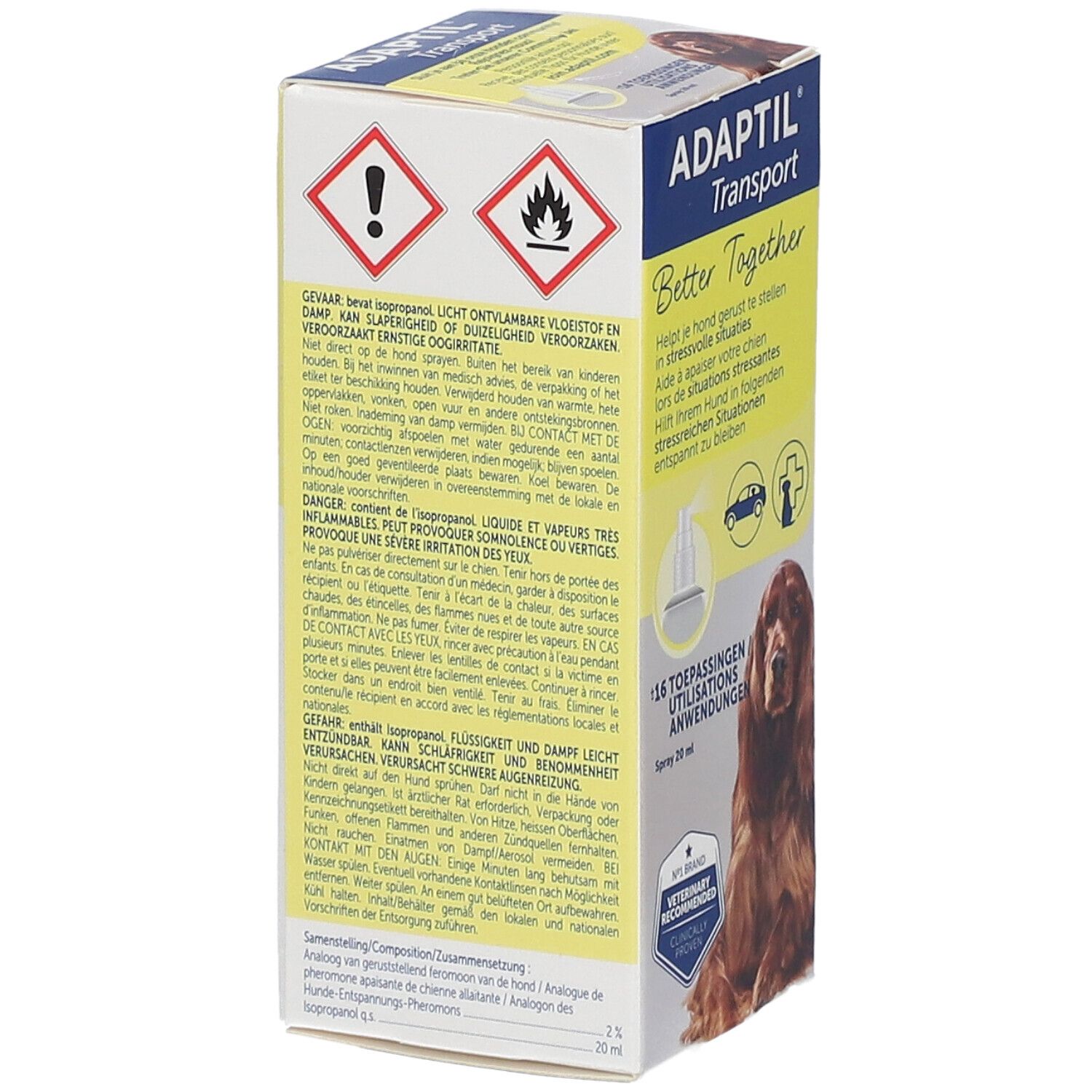 Rückseite der ADAPTIL® Transport Spray-Verpackung. Enthält Warnhinweise und Produktinformationen.