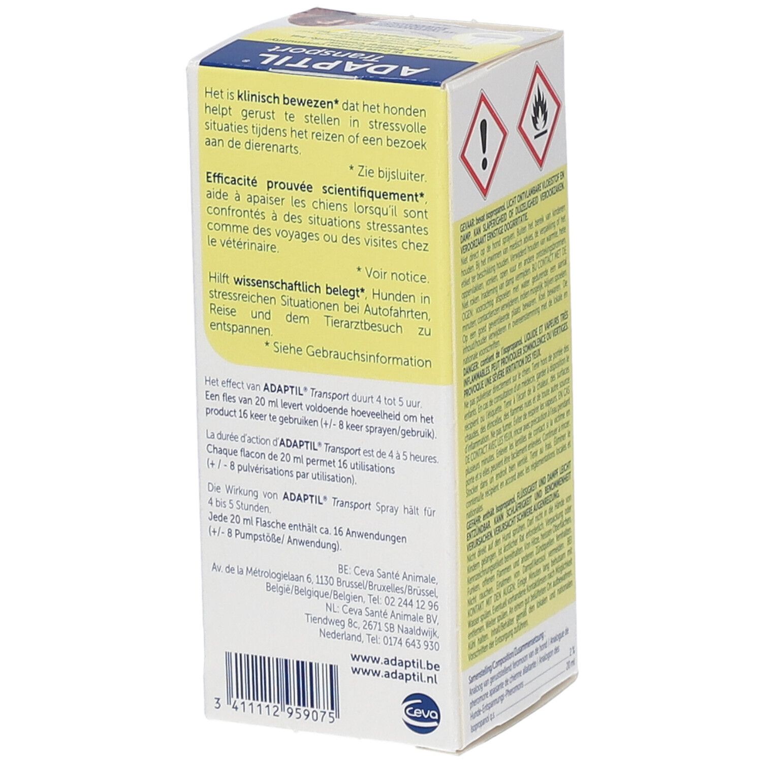 Seite der ADAPTIL® Transport Spray-Verpackung. Enthält Produktinformationen und Warnhinweise.