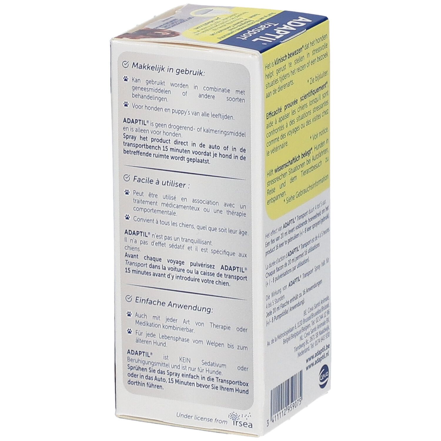 Seite der ADAPTIL® Transport Spray-Verpackung. Enthält Anwendungshinweise und Produktinformationen.