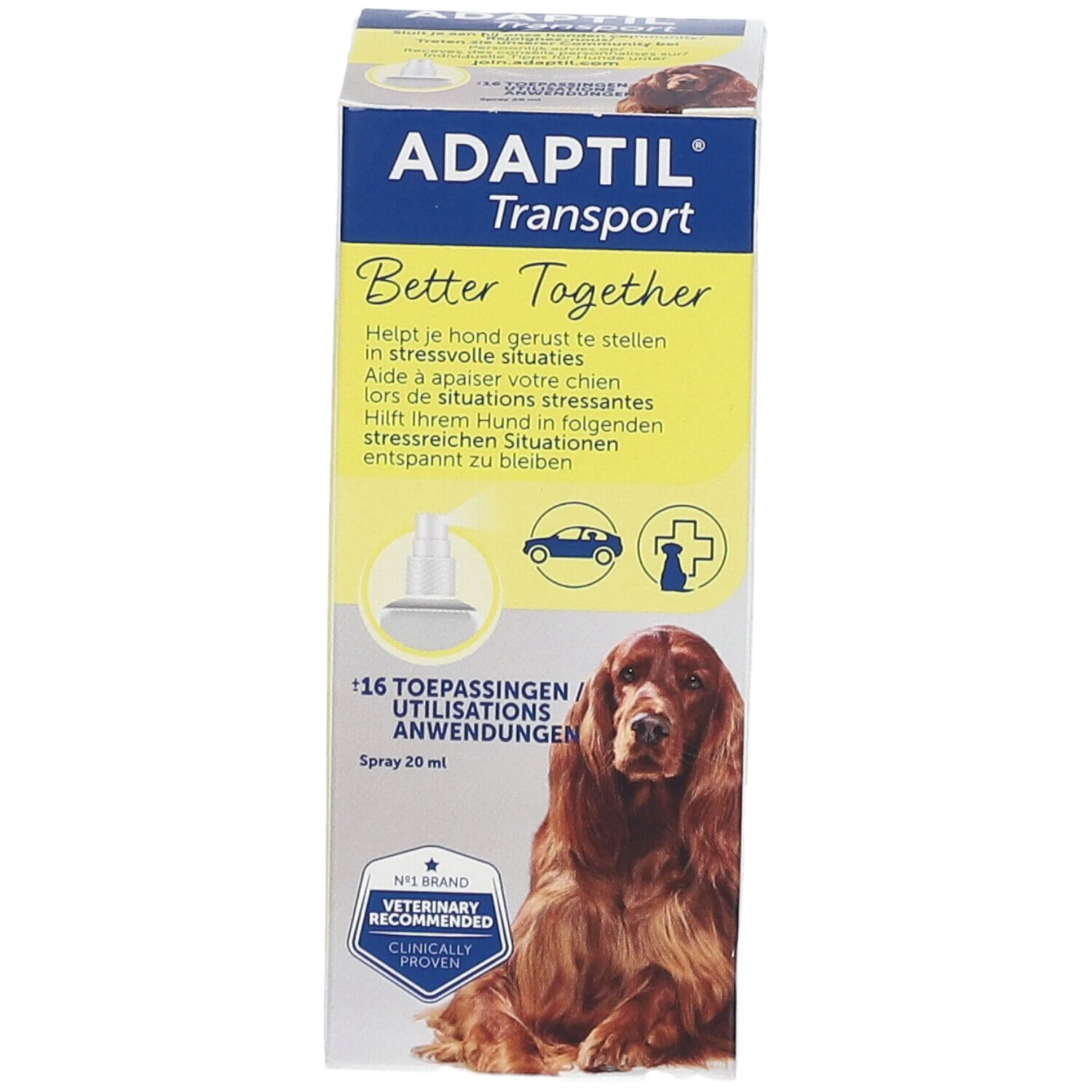 ADAPTIL® Transport Spray. Kartonverpackung mit Produktabbildung und Text. Enthält 16 Anwendungen.