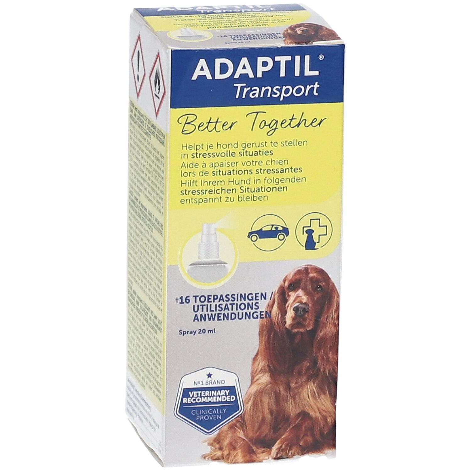 ADAPTIL® Transport Spray. Kartonverpackung mit Produktabbildung und Text. Enthält 16 Anwendungen.