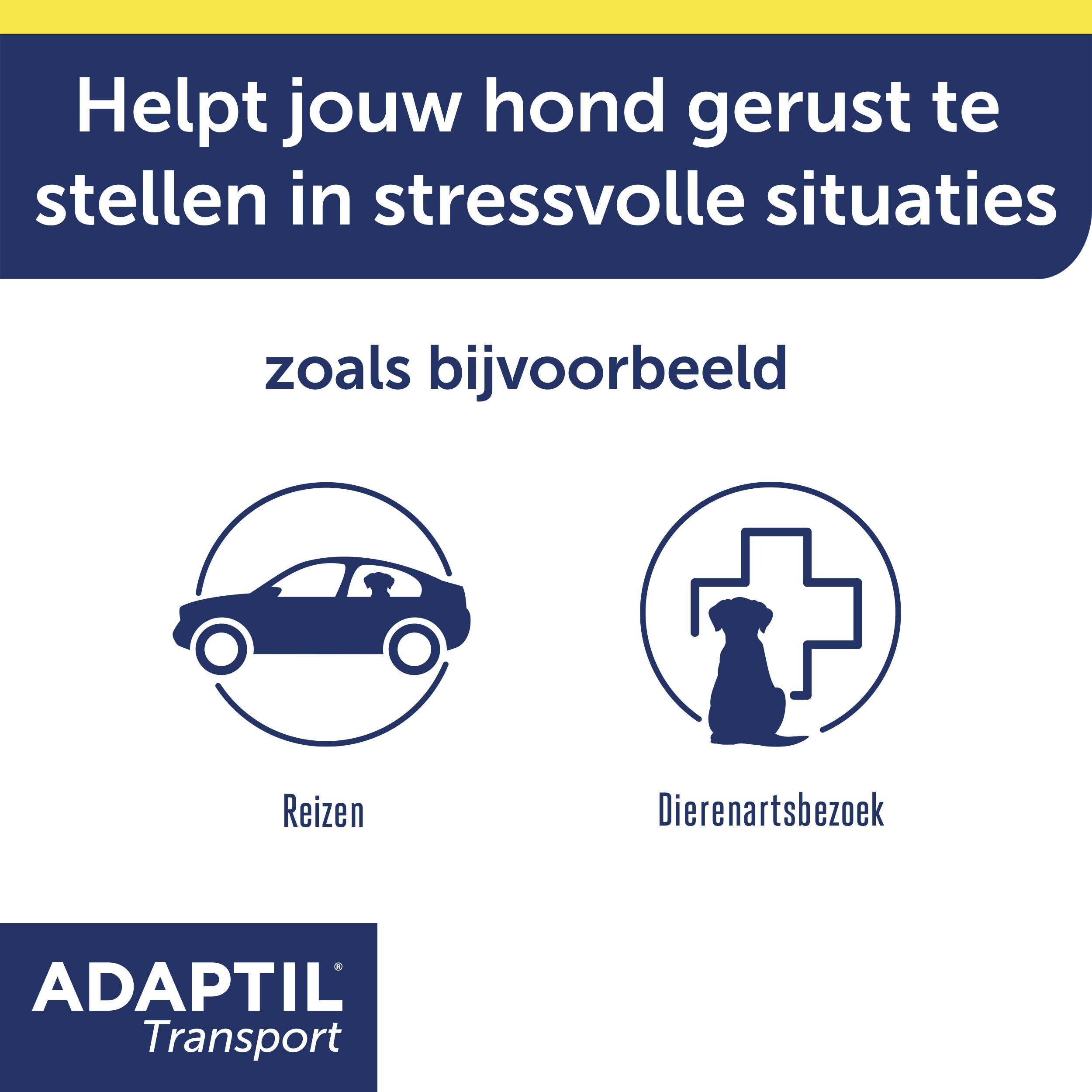 Symbolen voor transport en dierenartsbezoek. ADAPTIL® Transport Spray logo.