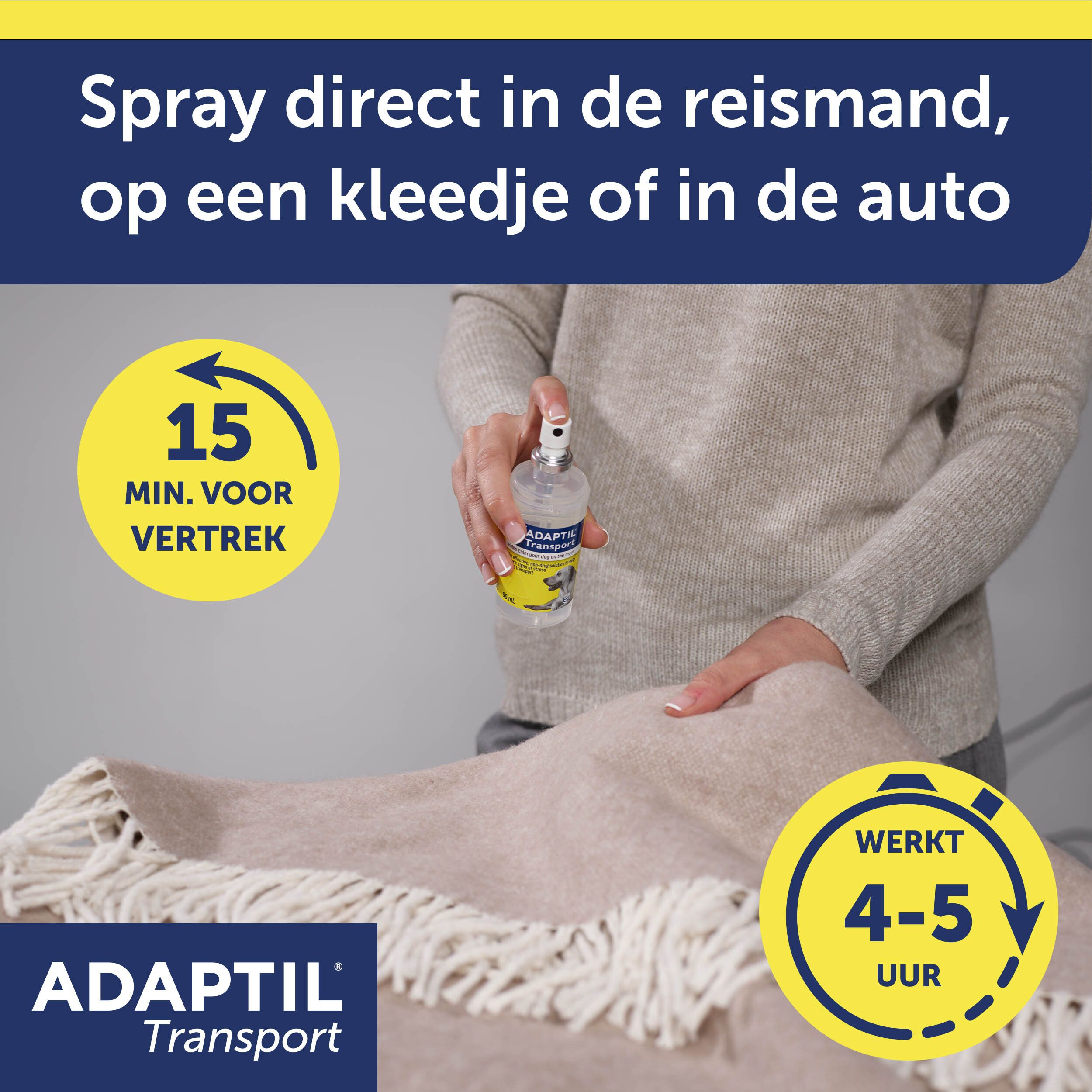 Persoon spuit ADAPTIL® Transport Spray. 15 minuten voor vertrek. Werkt 4-5 uur.