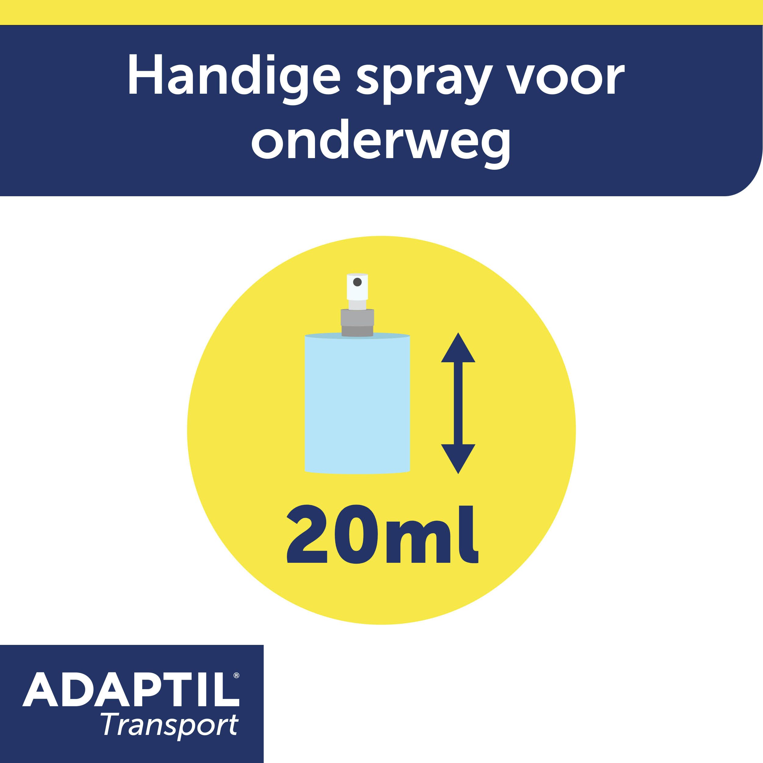ADAPTIL® Transport Spray fles. 20ml. Productafbeelding met tekst.