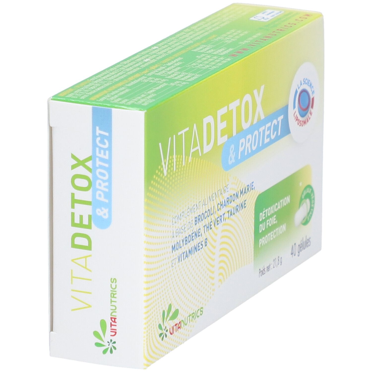 Boîte VITADETOX & PROTECT®. Contient 40 gélules. Inscription: Détoxication du foie, protection. Marque: Vitanutrics.