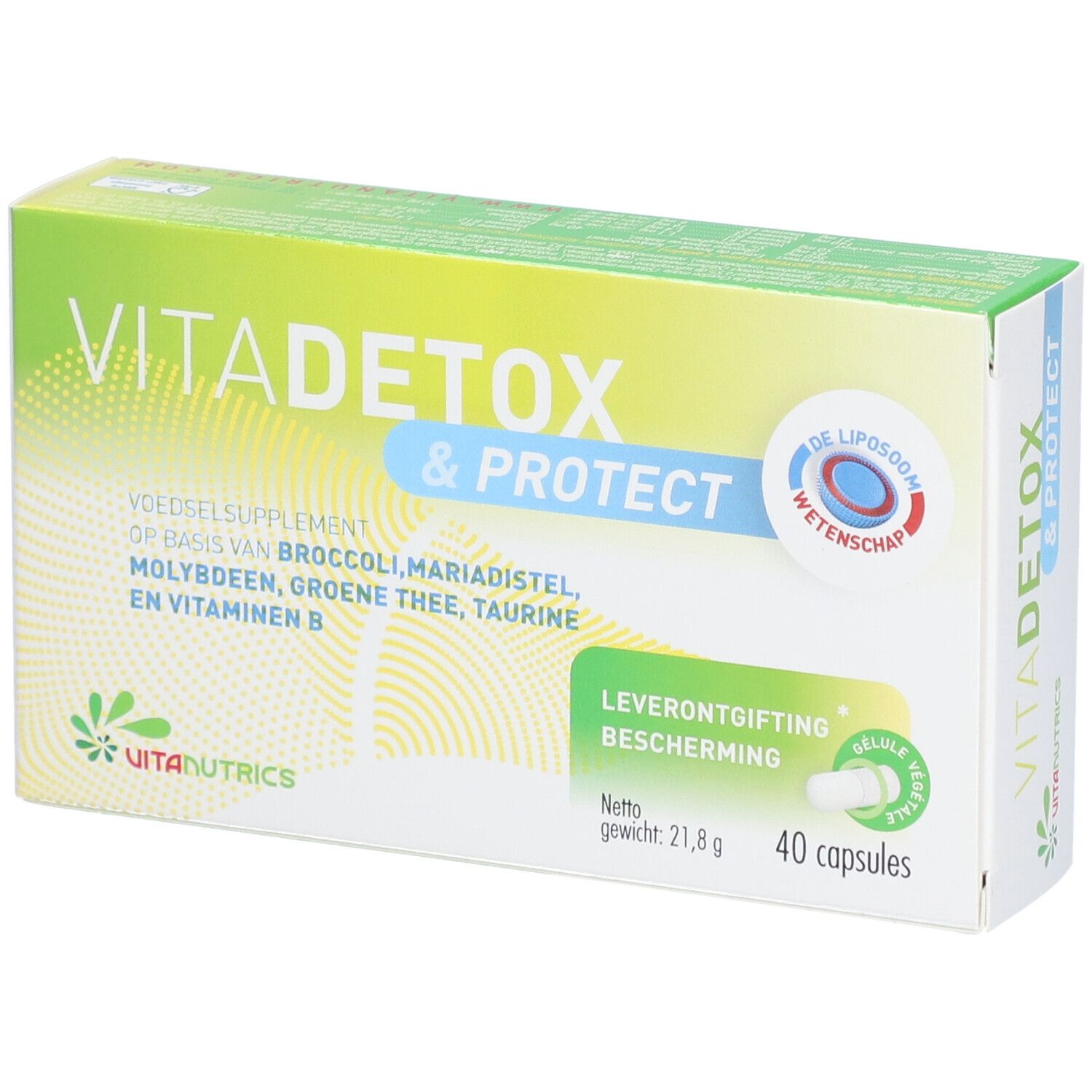 Boîte VITADETOX & PROTECT®. Contient 40 capsules. Inscription: Leverontgifting bescherming. Marque: Vitanutrics.