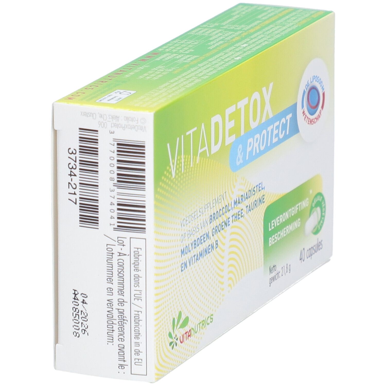 Boîte VITADETOX & PROTECT®. Contient 40 capsules. Inscription: Leverontgifting bescherming. Marque: Vitanutrics.