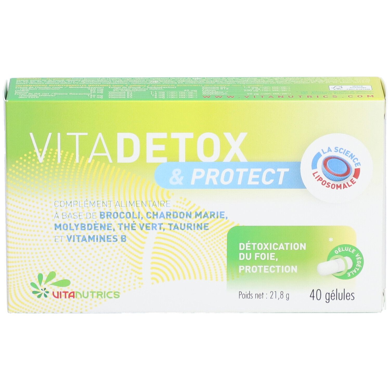 Boîte VITADETOX & PROTECT®. Contient 40 gélules. Inscription: Détoxication du foie, protection. Marque: Vitanutrics.