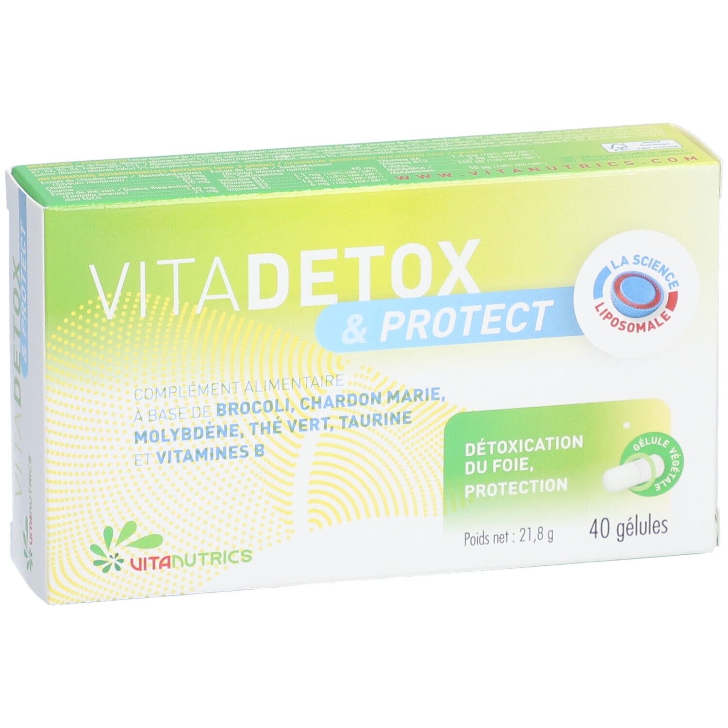 Boîte VITADETOX & PROTECT®. Contient 40 gélules. Inscription: Détoxication du foie, protection. Marque: Vitanutrics.