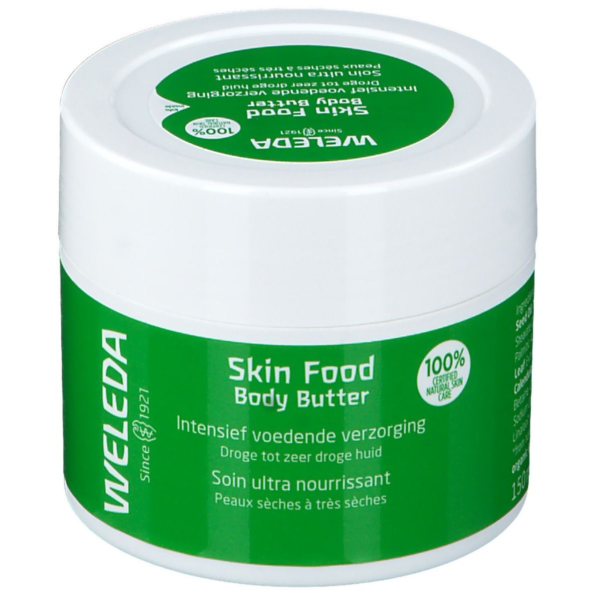 Pot blanc avec couvercle et étiquette verts. Texte : Skin Food, Body Butter, Weleda. Beurre corporel pour peaux sèches.
