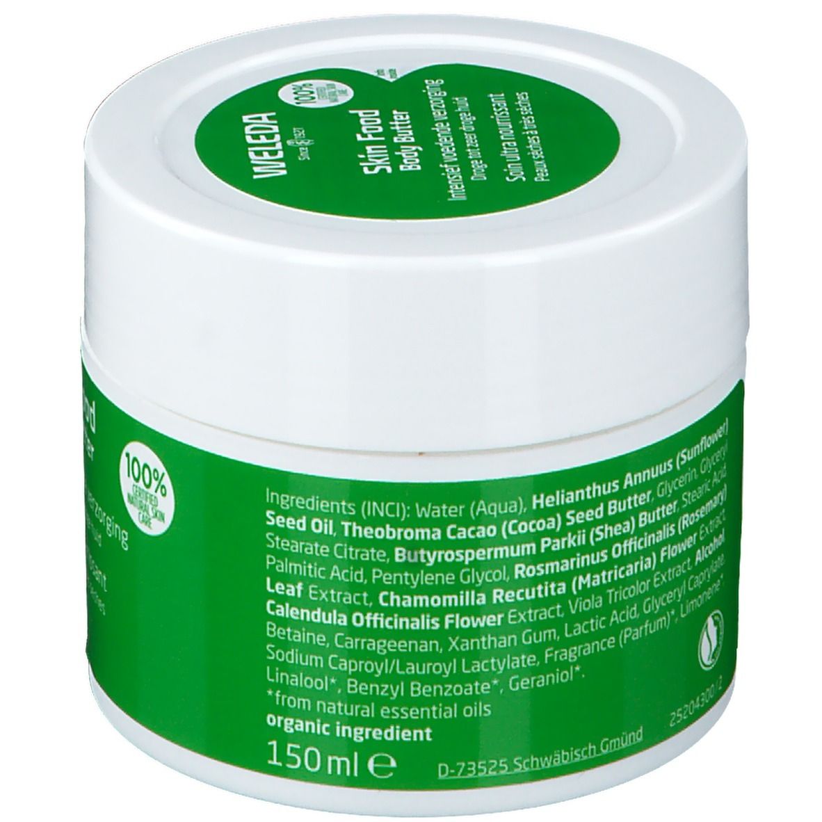 Dos du pot avec ingrédients et certification. 150 ml. Étiquette verte. Beurre corporel Skin Food.