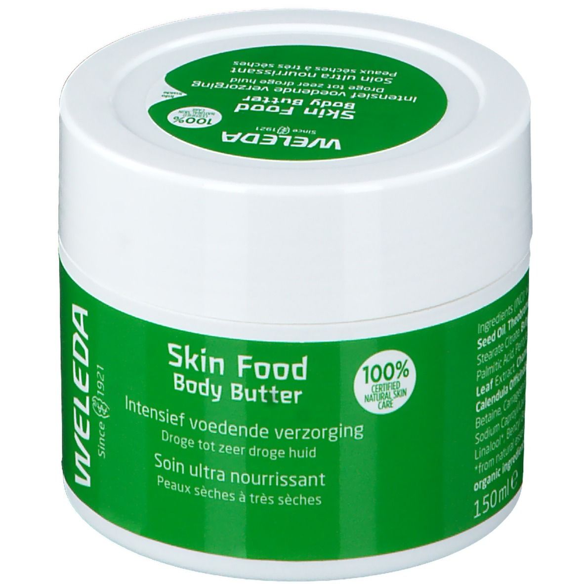 Pot blanc avec couvercle et étiquette verts. Texte : Skin Food, Body Butter, Weleda. Beurre corporel pour peaux sèches.