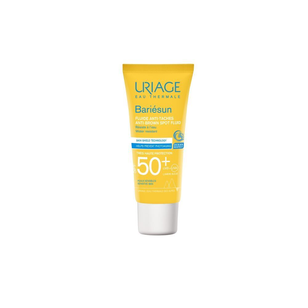 Gele tube Uriage Bariésun Fluide Anti-Taches SPF50+. Productweergave.