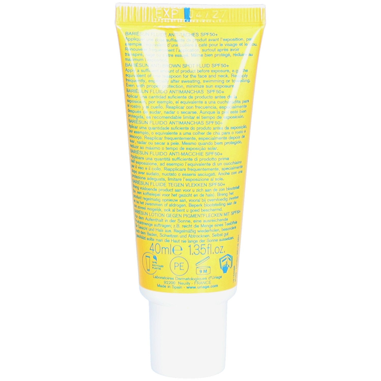 Achterkant van de gele tube Uriage Bariésun Fluide Anti-Taches SPF50+. Tekst en informatie.