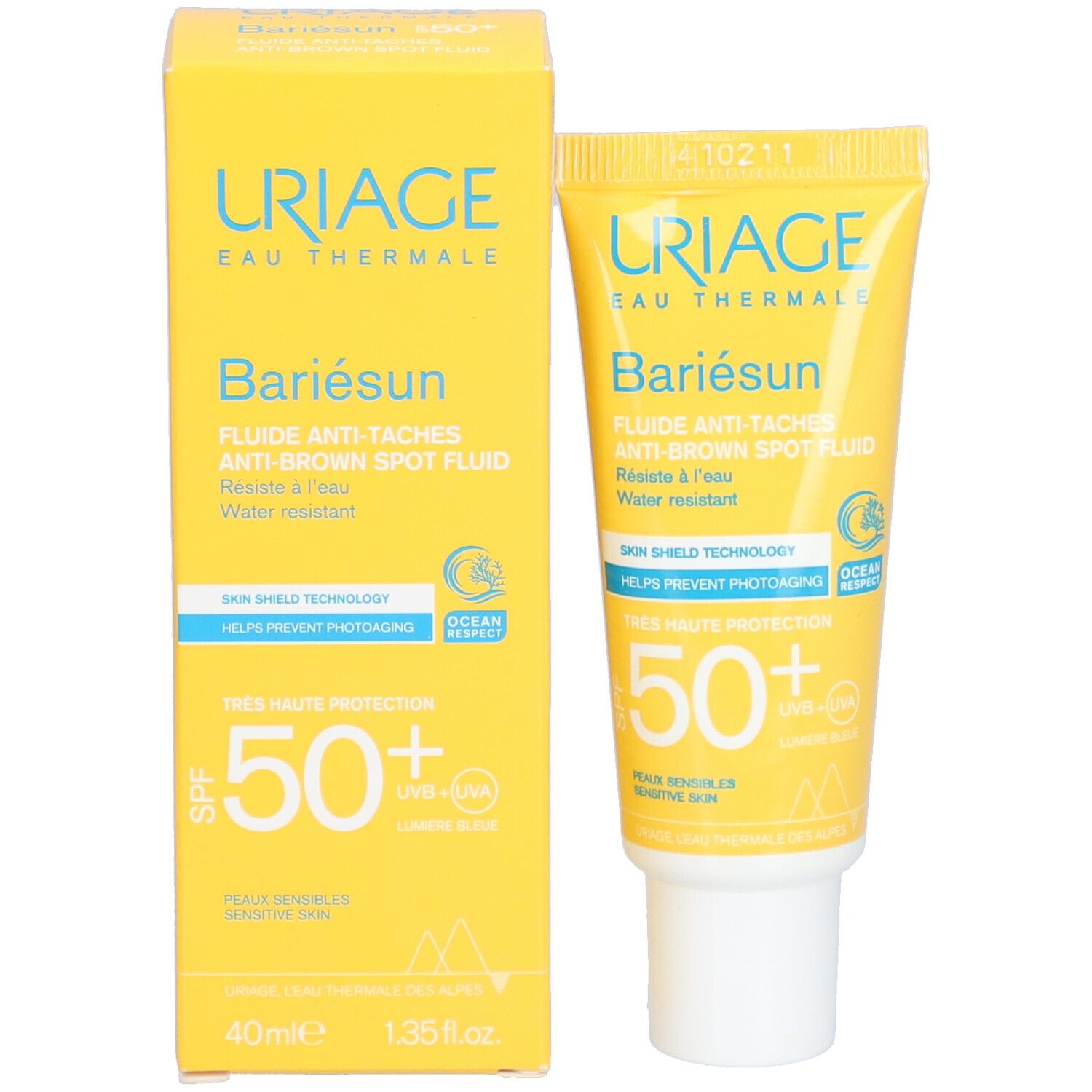 Gele doos en tube Uriage Bariésun Fluide Anti-Taches SPF50+. Productverpakking.