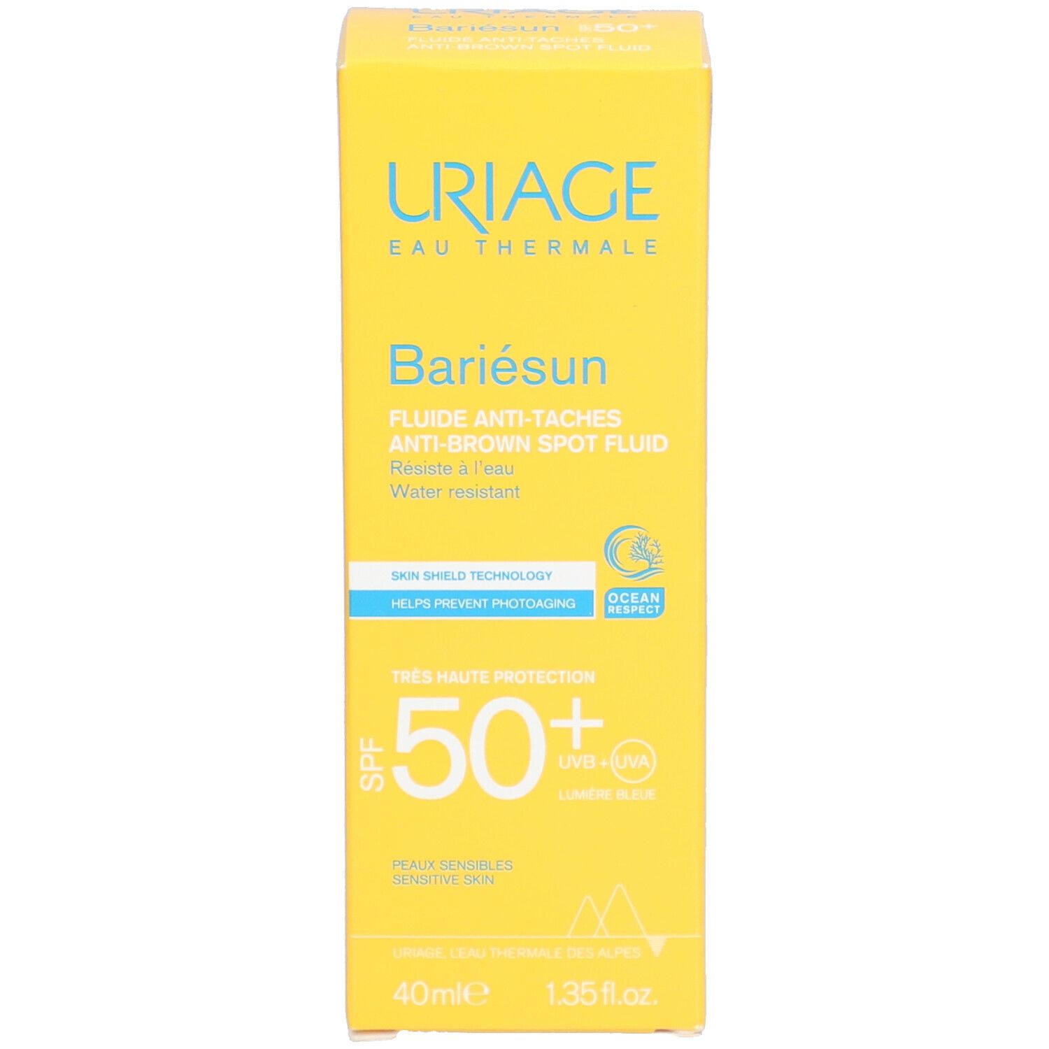 Gele doos Uriage Bariésun Fluide Anti-Taches SPF50+. Productverpakking.