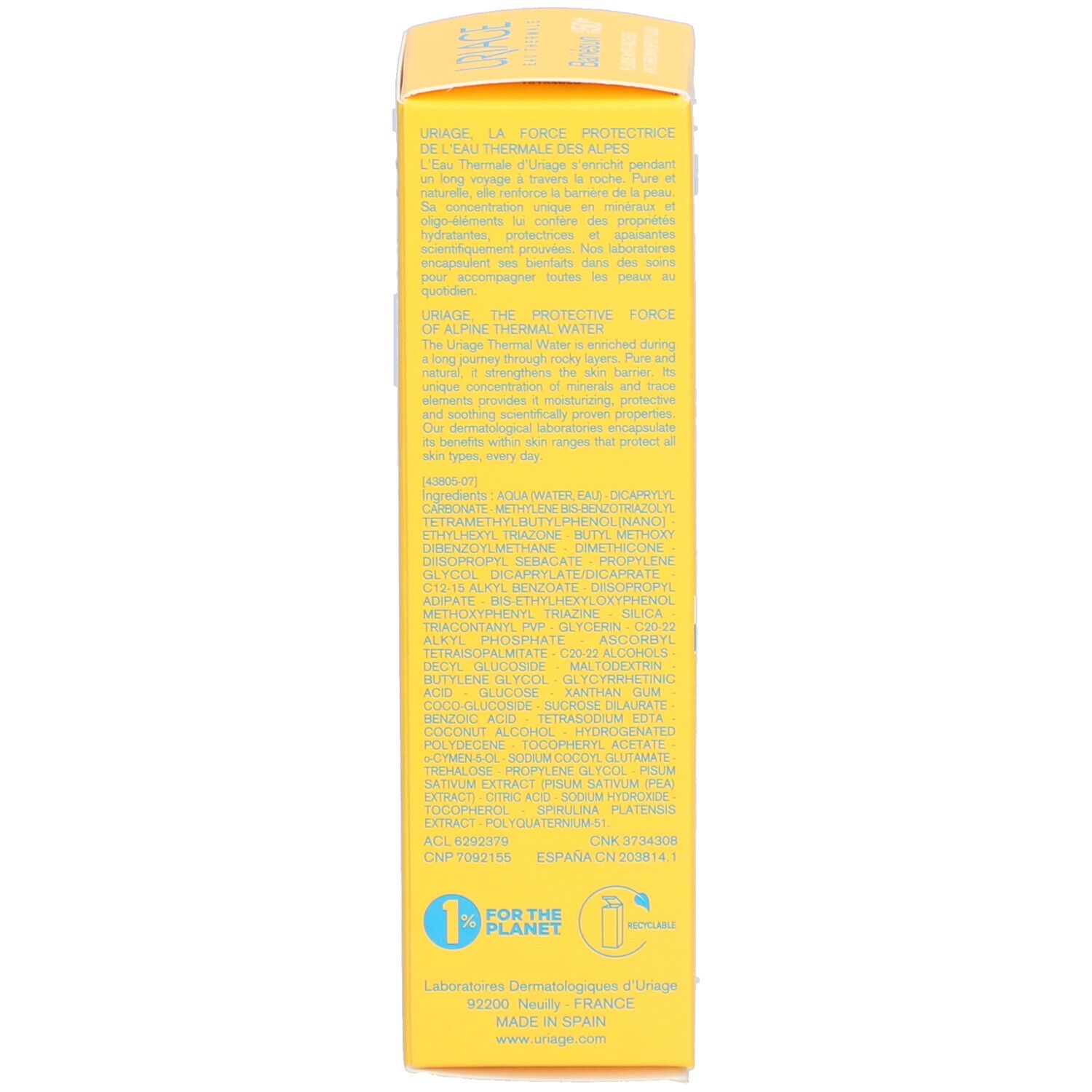 Achterkant van de gele doos Uriage Bariésun Fluide Anti-Taches SPF50+. Tekst en informatie.
