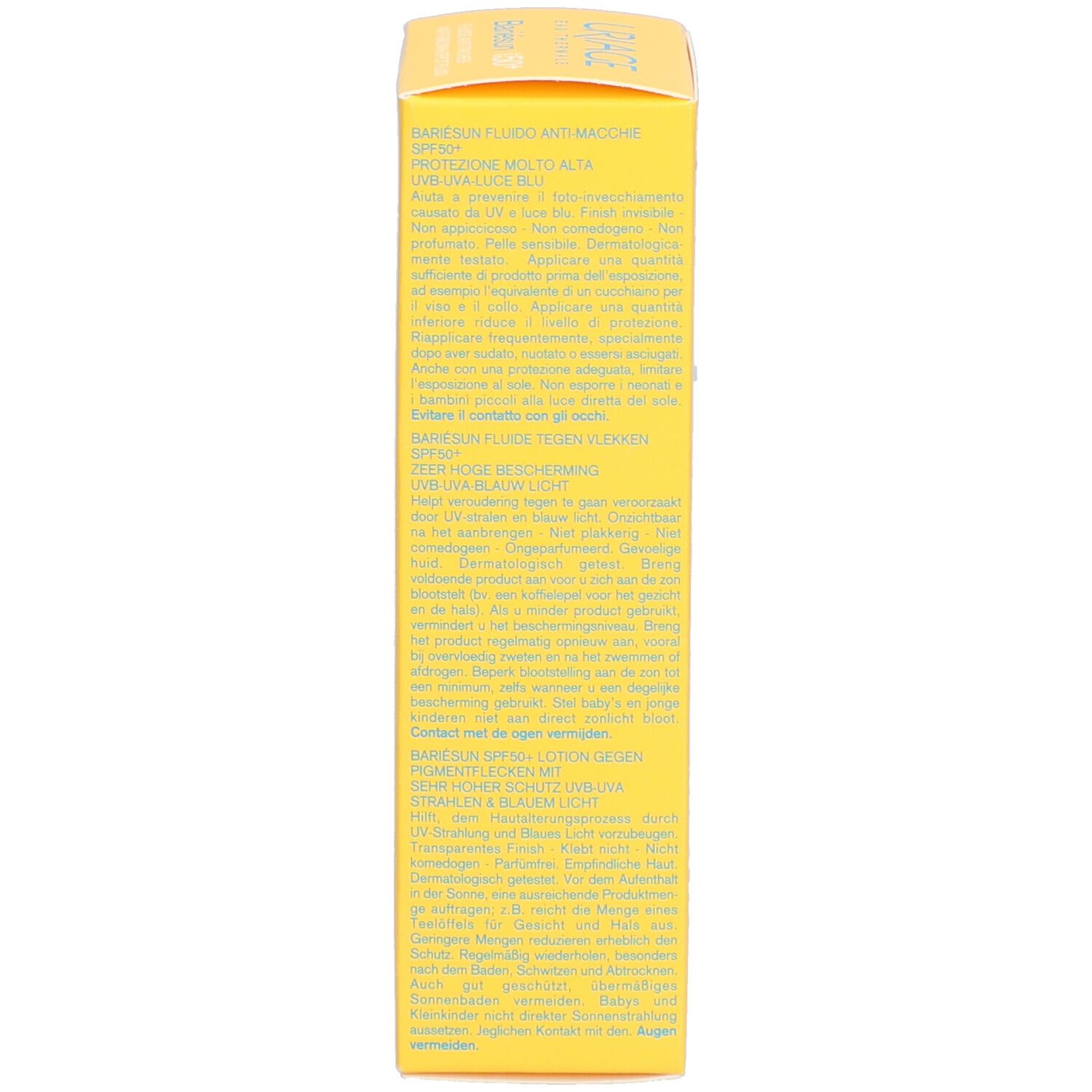 Achterkant van de gele doos Uriage Bariésun Fluide Anti-Taches SPF50+. Tekst en informatie.