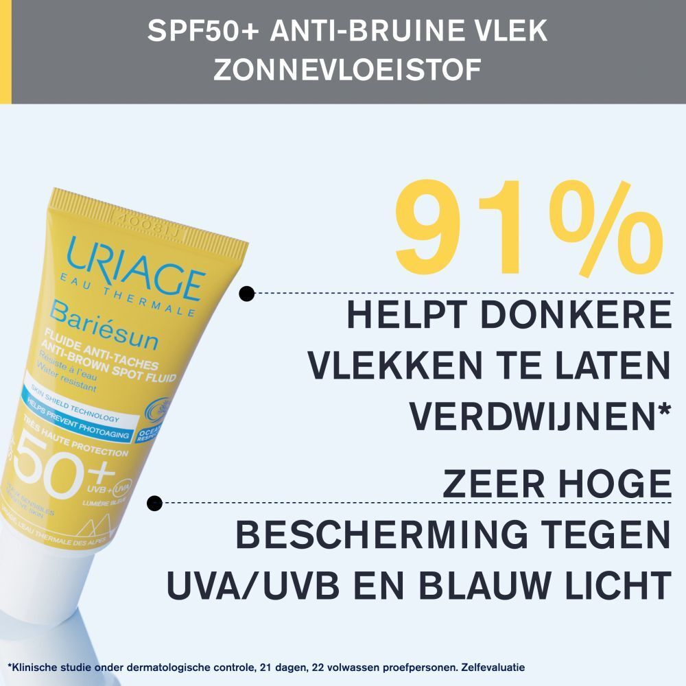 Uriage Bariésun Fluide Anti-Taches SPF50+. 91% minder vlekken. Hoge bescherming UVA/UVB en blauw licht.
