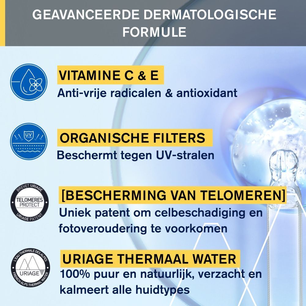 Uriage Bariésun Fluide Anti-Taches SPF50+. Vitamine C & E. Organische filters. Uriage Thermaal Water.