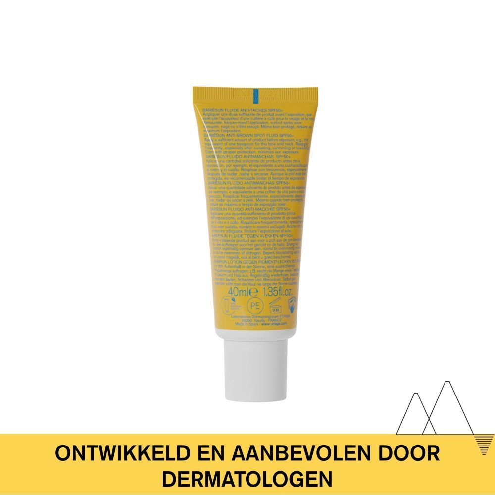Achterkant van de tube Uriage Bariésun Fluide Anti-Taches SPF50+. Tekst en informatie.