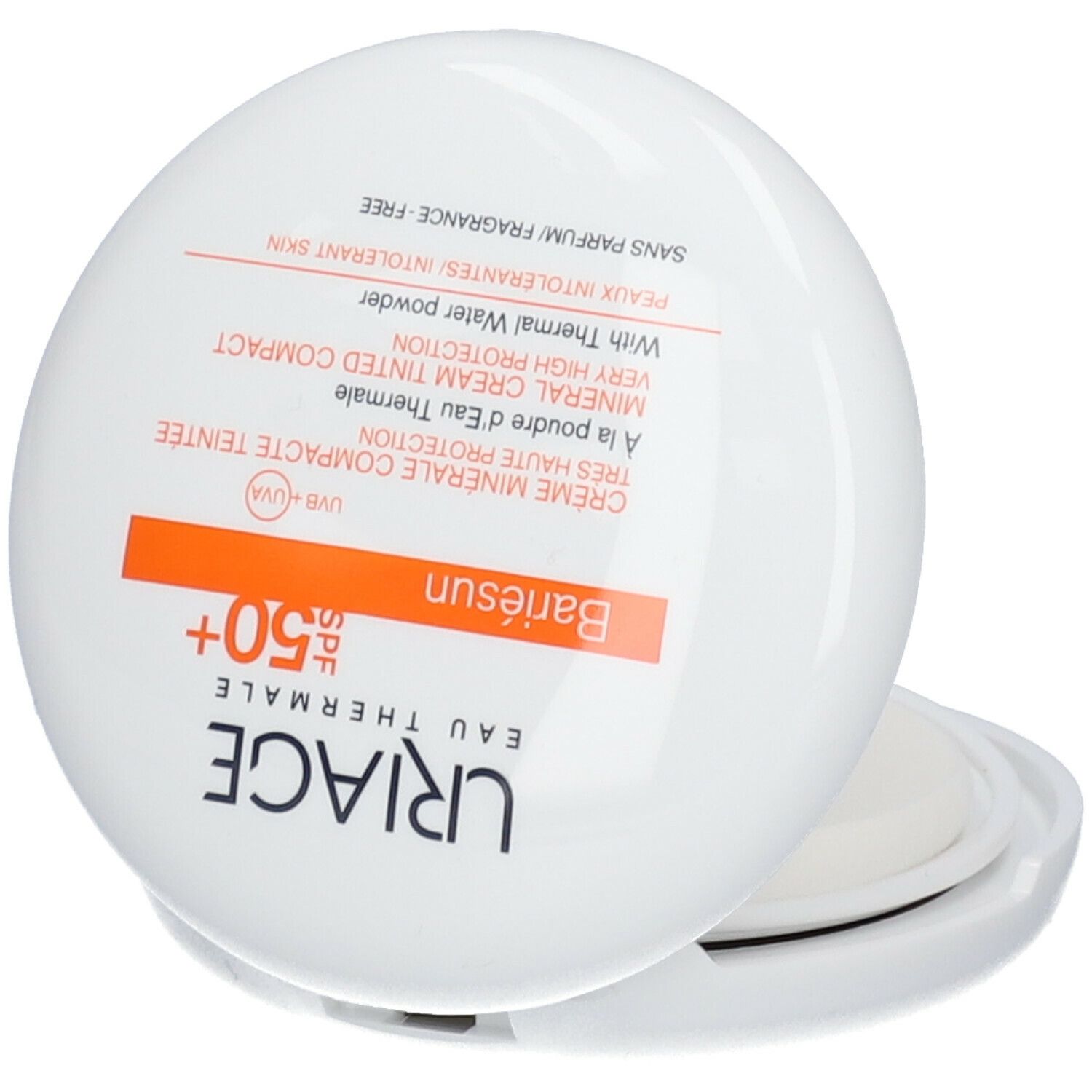 Witte, ronde compactpoeder met SPF 50+. Tekst: URIAGE, Bariésun, Crème minérale compacte teintée. Deksel met tekst.