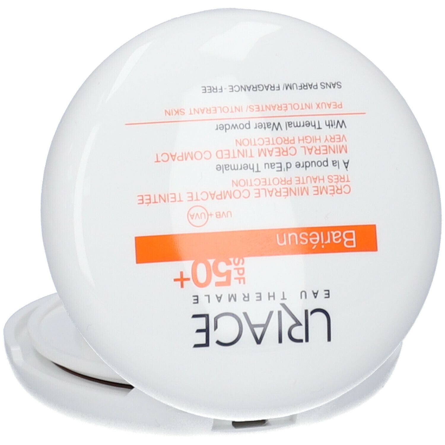Witte, ronde compactpoeder met SPF 50+. Tekst: URIAGE, Bariésun, Crème minérale compacte teintée. Deksel met tekst.