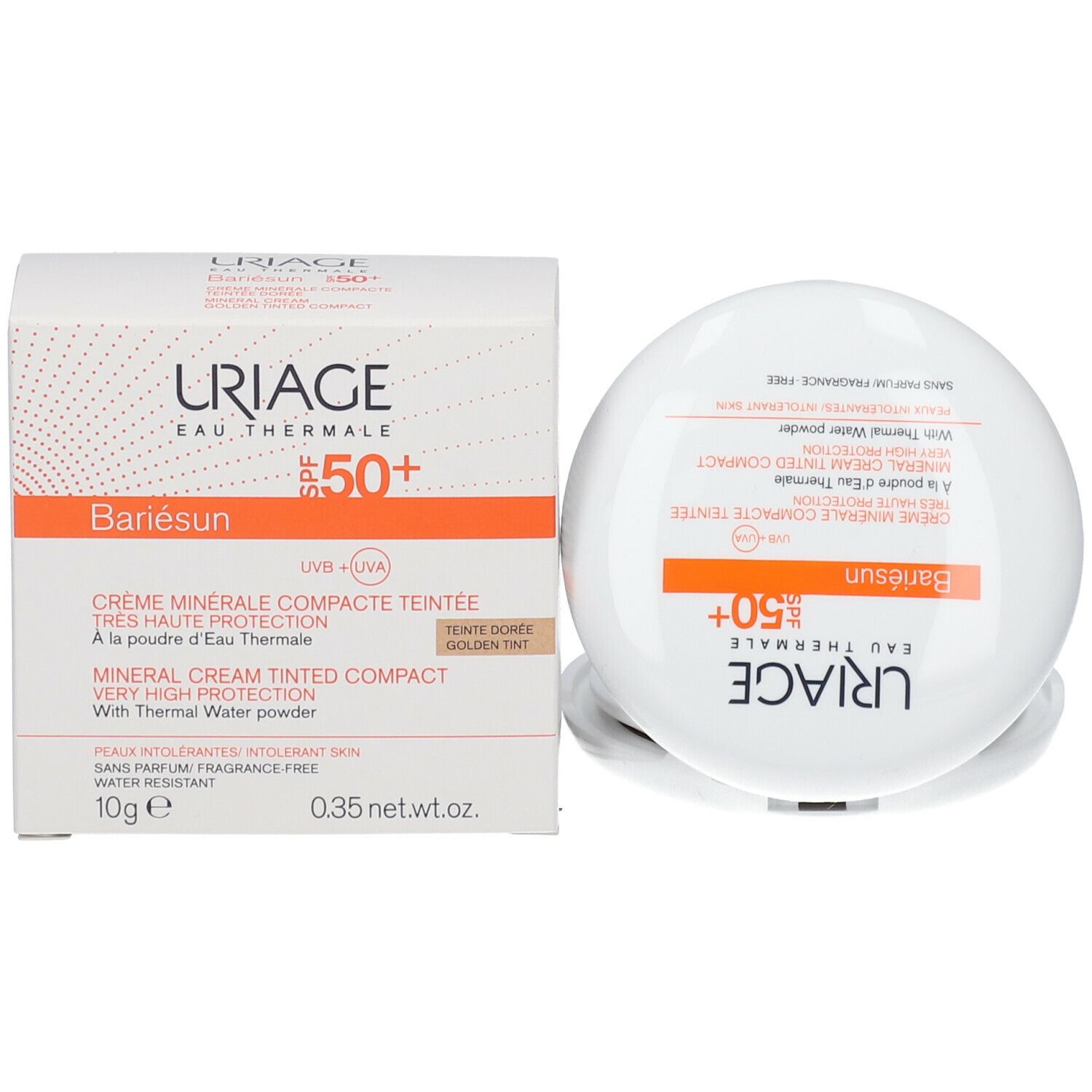 Compactpoeder en verpakking. Witte doos met SPF 50+. Tekst: URIAGE, Bariésun, Crème minérale compacte teintée. Doos.