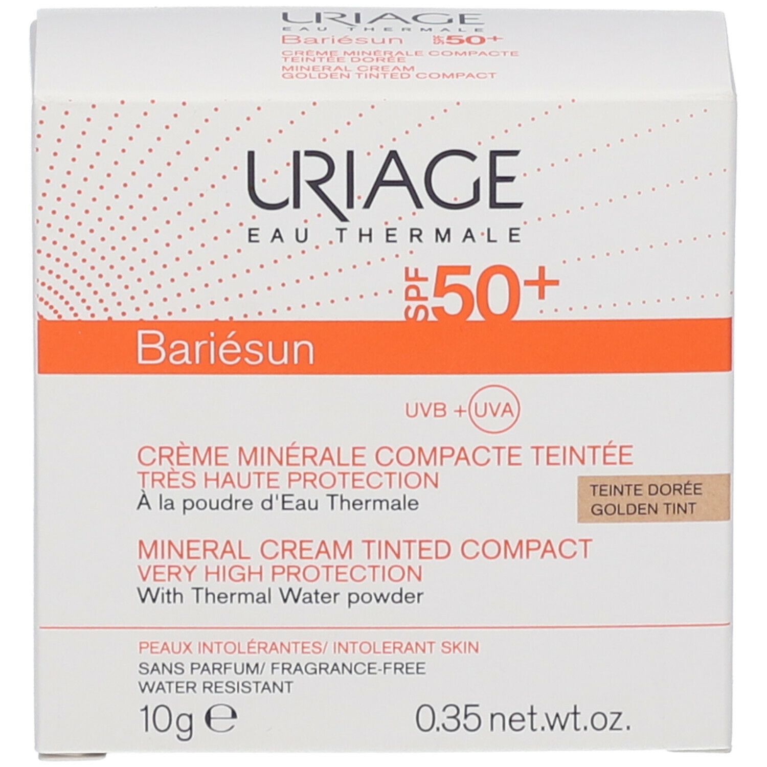 Verpakking met tekst: URIAGE, SPF 50+, Bariésun, Crème minérale compacte teintée. Witte doos met oranje accenten.
