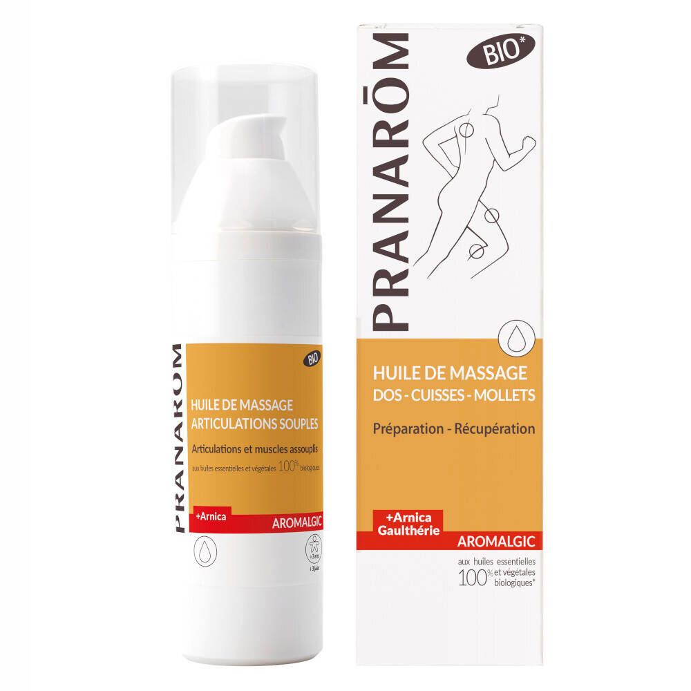 Flacon blanc avec pompe doseuse et bouchon. Inscriptions : PRANAROM, BIO, Huile de Massage, Aromalgic, +Arnica. Emballage avec logo BIO.