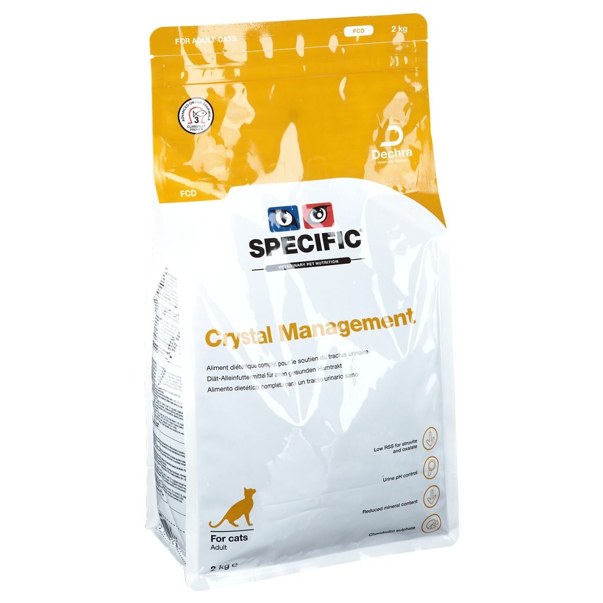 Beutel SPECIFIC Crystal Management für Katzen. Weiß-gelbe Verpackung mit Produktnamen und Logo. 2 kg.