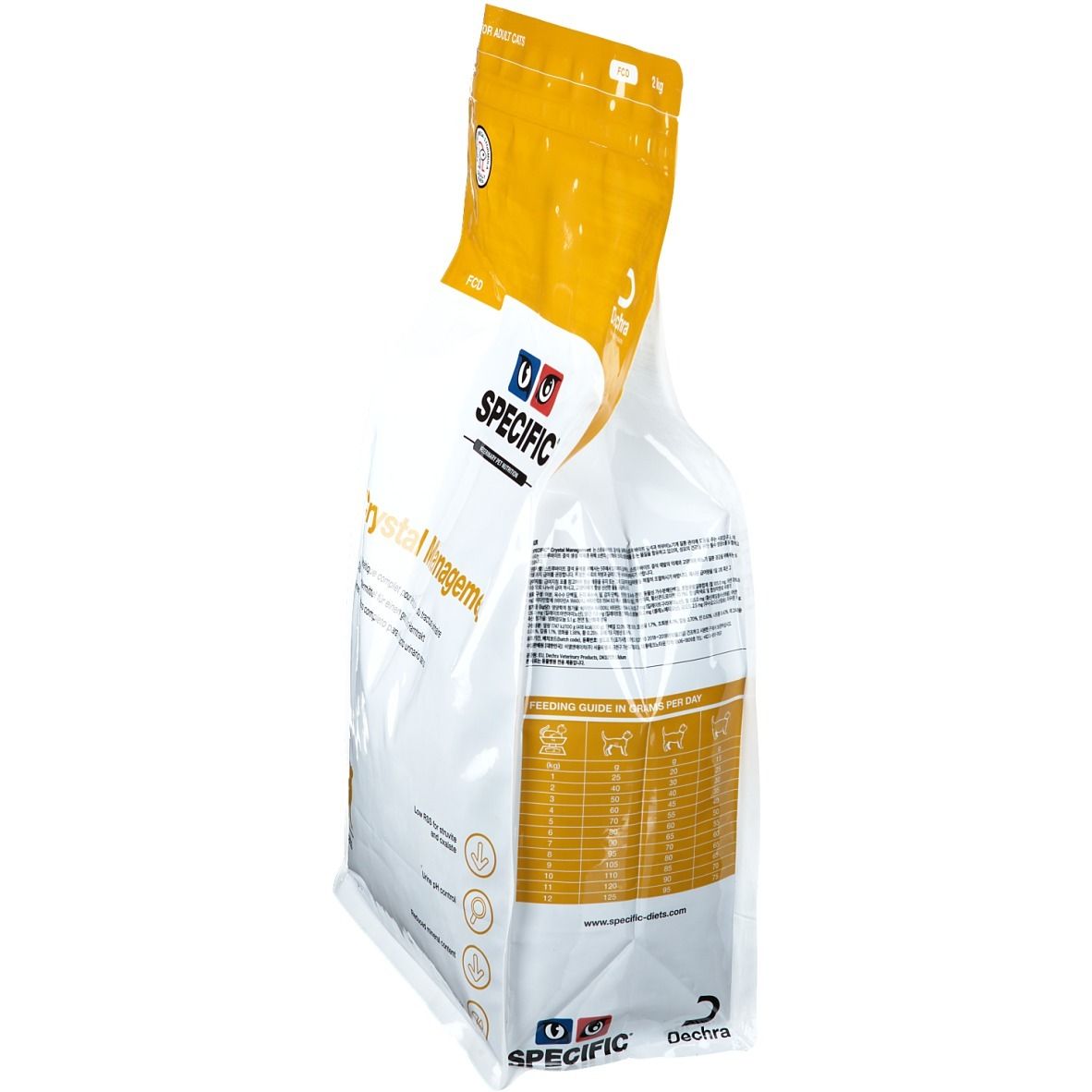 Seitenansicht des SPECIFIC Crystal Management Katzenfutterbeutels. Weiß-gelbe Verpackung mit Produktinformationen.