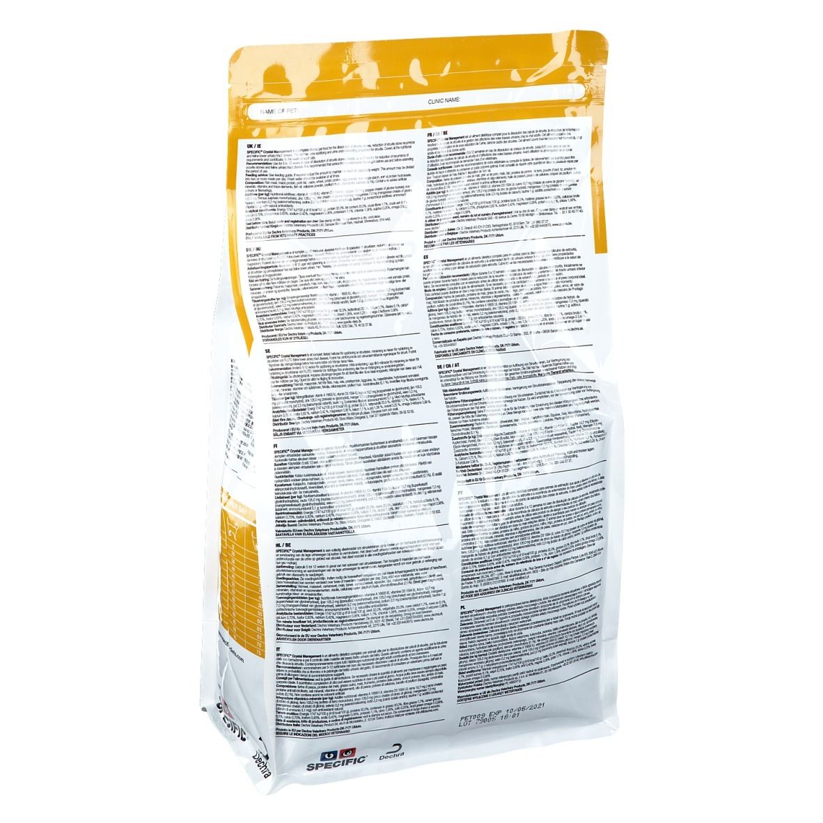 Rückseite des SPECIFIC Crystal Management Katzenfutterbeutels. Textinformationen auf weißem Hintergrund.