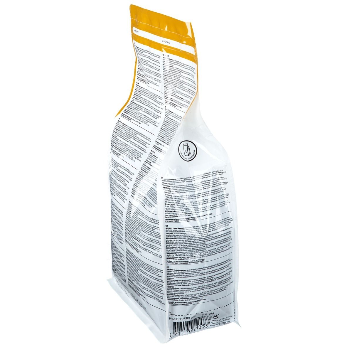 Seitenansicht des SPECIFIC Crystal Management Katzenfutterbeutels. Textinformationen auf weißem Hintergrund.