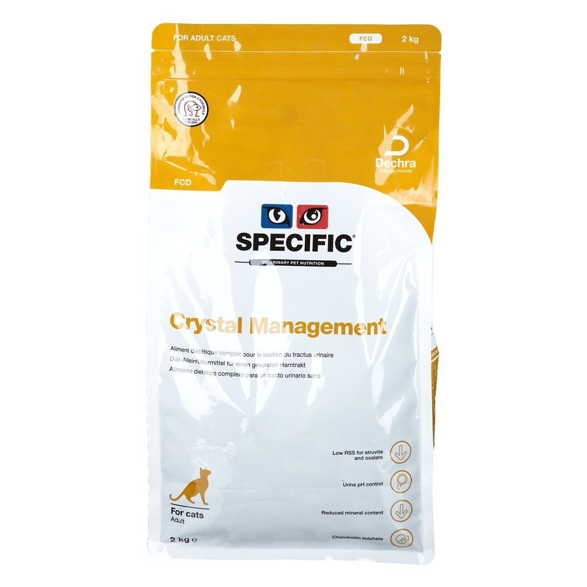 SPECIFIC Crystal Management Katzenfutterbeutel. Weiß-gelbe Verpackung mit Logo und Produktnamen. 2 kg.