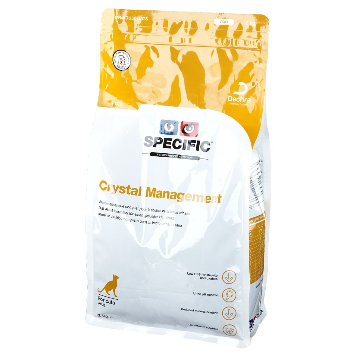 SPECIFIC Crystal Management Katzenfutterbeutel. Weiß-gelbe Verpackung mit Logo und Produktnamen. 2 kg.
